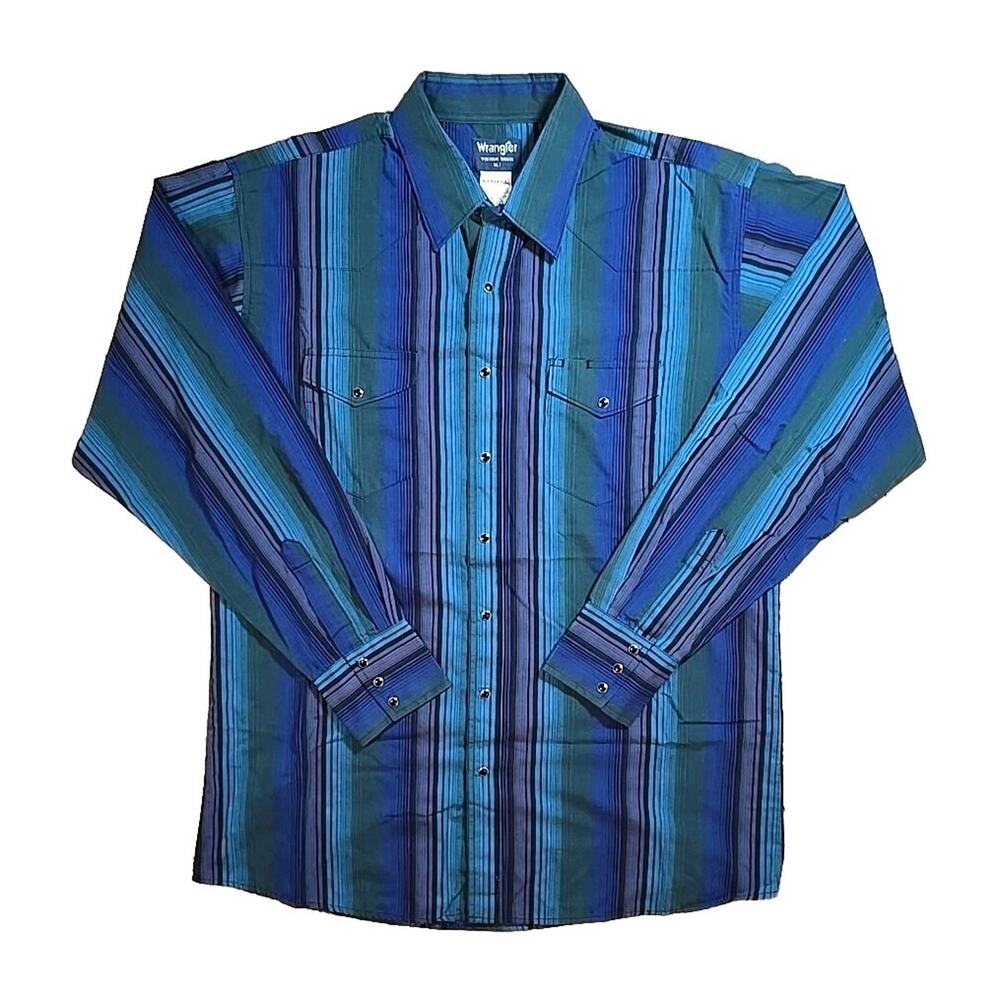 Vintage WRANGLER Men's Pearl Snap XL T Western Shirt Blue Green Striped Cowboy